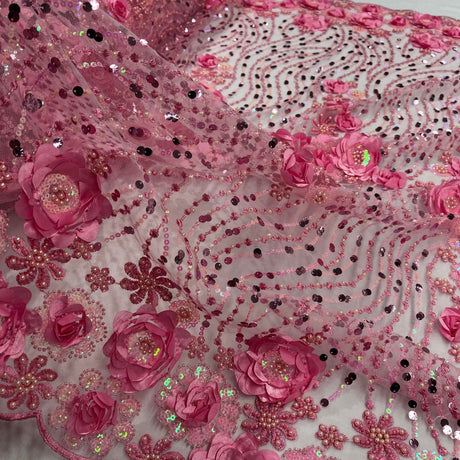 1 Yard Elegant 3D Floral Beaded Sequin Lace Fabric on Soft Mesh, GD-2212