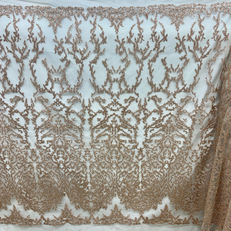 1 Yard Rose Gold Beaded Lace Fabric, Embroidered Polyester Mesh, 52" Wide,