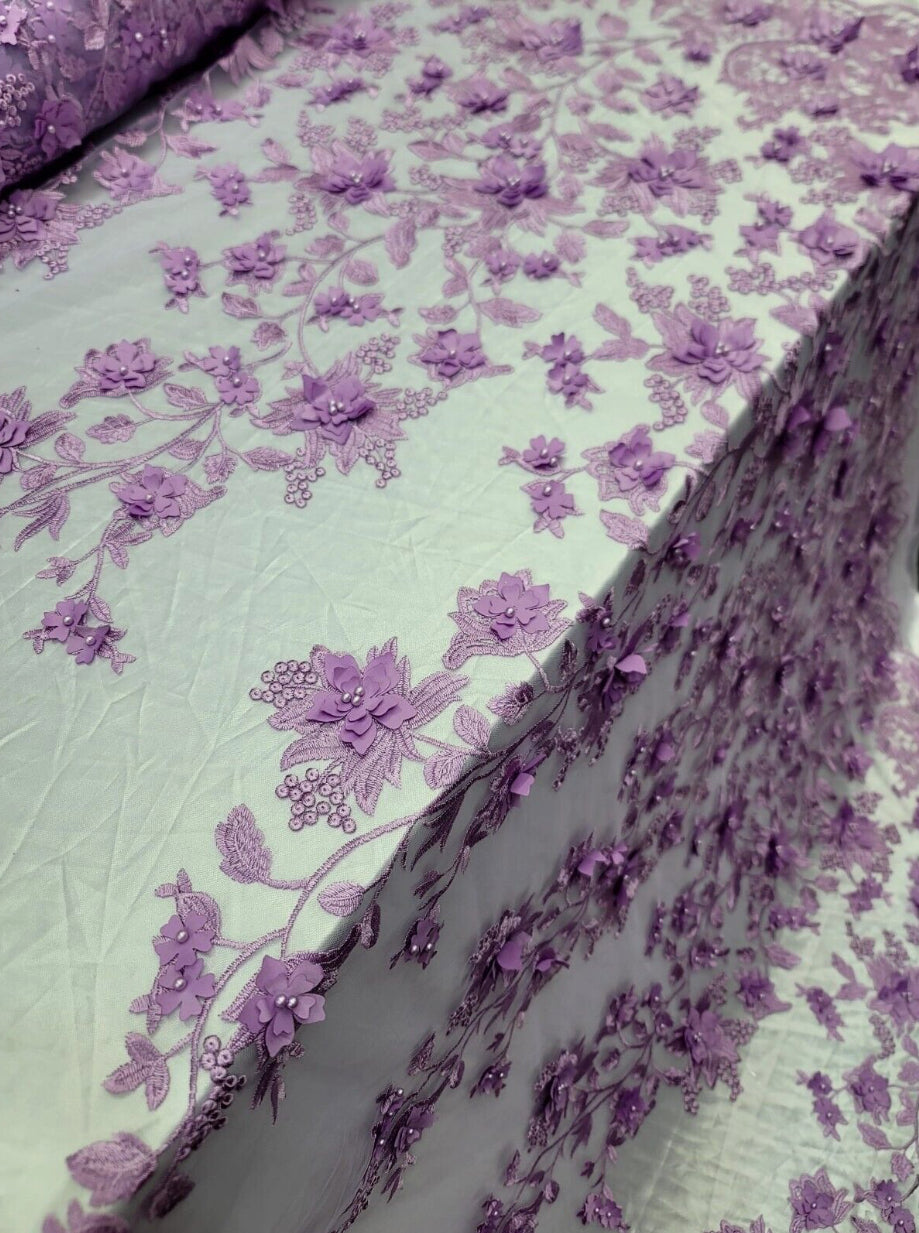 3D Floral Embroidered Mesh Lace Fabric Lavender