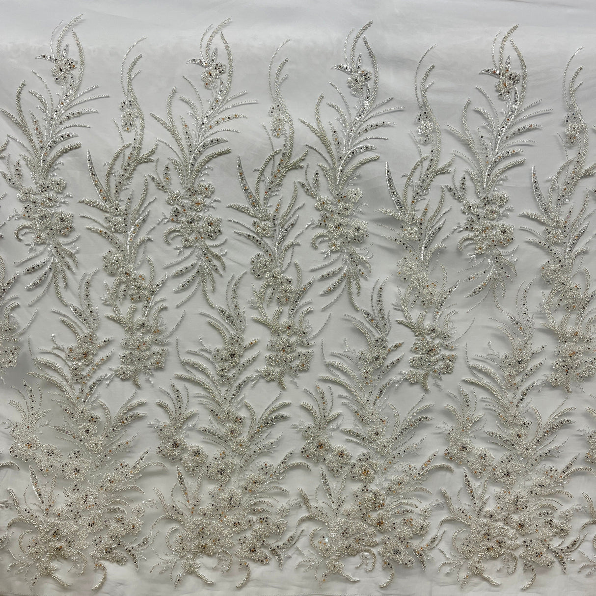 Beaded Lace Fabric Embroidered On 100 Percent Polyester Net Mesh - Lt. Blue, Ice Blue, Champagne, Nude, 50" Width (1 Yard)