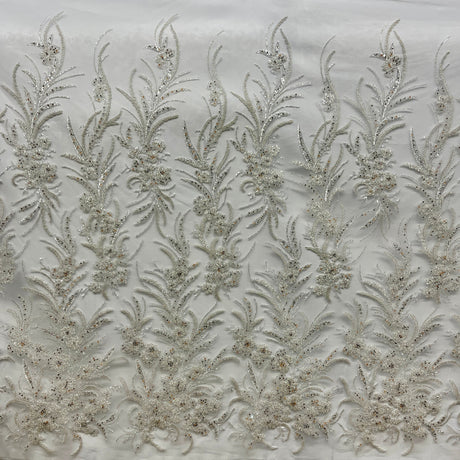 Beaded Lace Fabric Embroidered On 100 Percent Polyester Net Mesh - Lt. Blue, Ice Blue, Champagne, Nude, 50" Width (1 Yard)