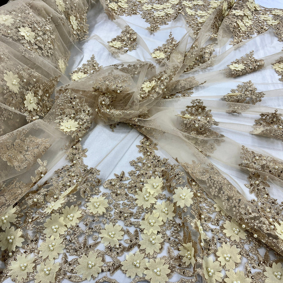 1 Yard - Beaded 3D Floral Lace Fabric Embroidered on 100% Polyester Net Mesh - 52" Wide