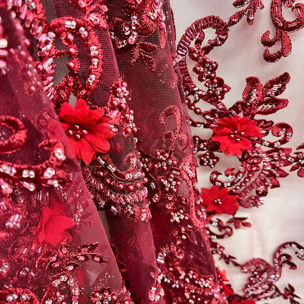 Beaded Floral Lace Fabric 3D Embroidered Net Mesh 52" Wide
