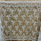 1 Yard Silver Metallic Corded Bridal Lace Fabric Embroidered on 100% Polyester Net Mesh – 52"