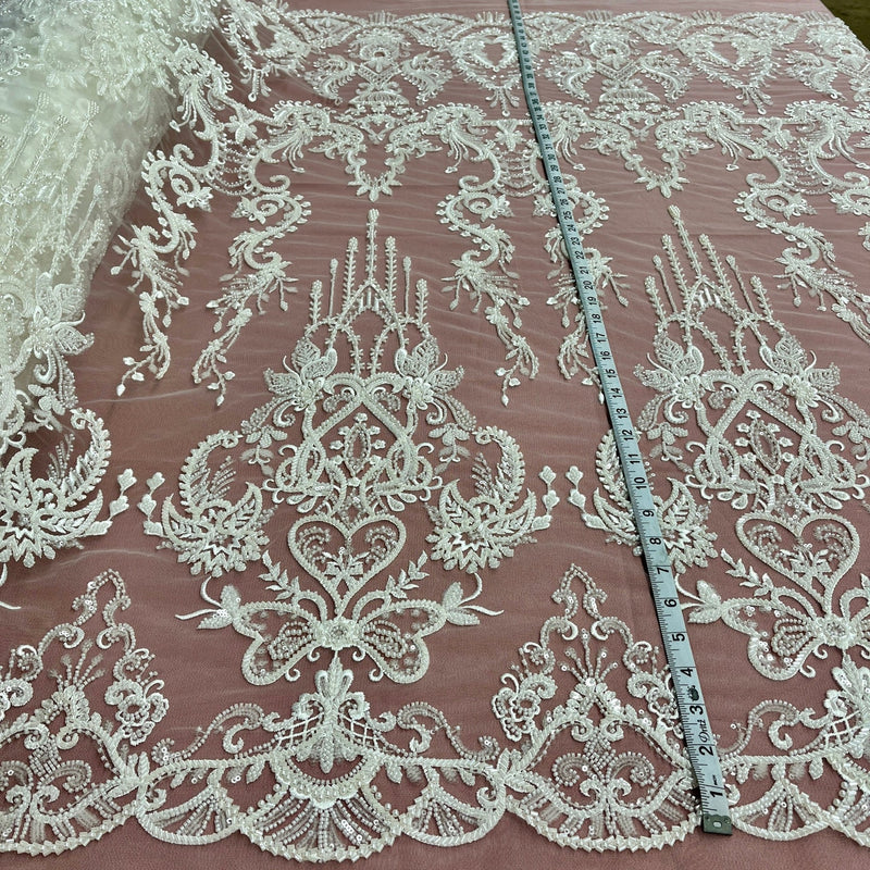1 Yard Antique Silver Beaded Lace Fabric Embroidered on 100% Polyester Net Mesh 50 Inch Width