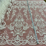 1 Yard Antique Silver Beaded Lace Fabric Embroidered on 100% Polyester Net Mesh 50 Inch Width