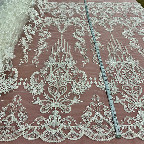 1 Yard Elegant Beaded Lace Fabric Embroidered on Polyester Net Mesh