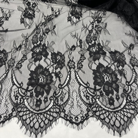 Embroidered Chantilly Lace Fabric with Eyelash Scallop