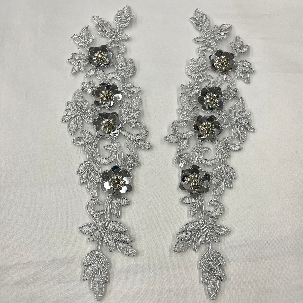 Beaded Corded Floral 3D Lace Applique Polyester Fabric - Floral Embroidered Net Mesh, 11" X 3" Wide Each Side (1 Pair)