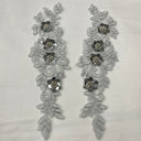 Beaded Corded Floral 3D Lace Applique Polyester Fabric - Floral Embroidered Net Mesh, 11" X 3" Wide Each Side (1 Pair)
