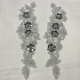 1 Pair 11" x 3" Each Side Beaded & Corded Floral 3D Lace Applique 100% Polyester Net Mesh