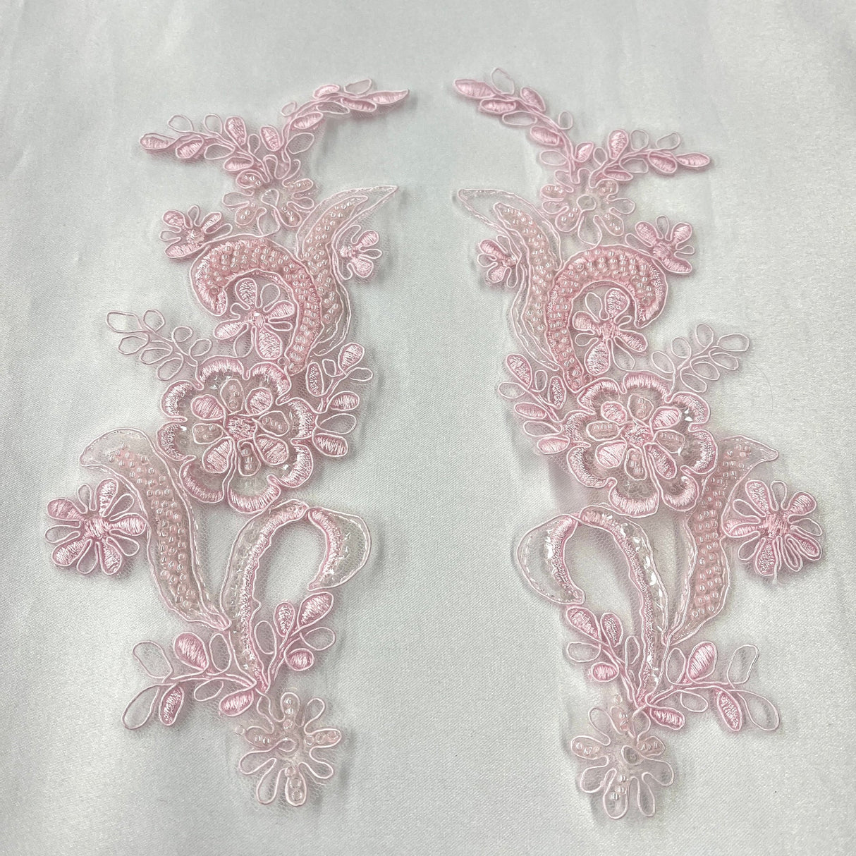 1 Pair Beaded & Corded Floral Lace Applique 9" x 2.5" Each Side