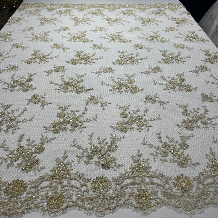 1 Yard Exquisite Hand Beaded Lace Fabric Embroidered on 100% Polyester Net Mesh White