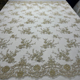 1 Yard Exquisite Hand Beaded Lace Fabric Embroidered on 100% Polyester Net Mesh White