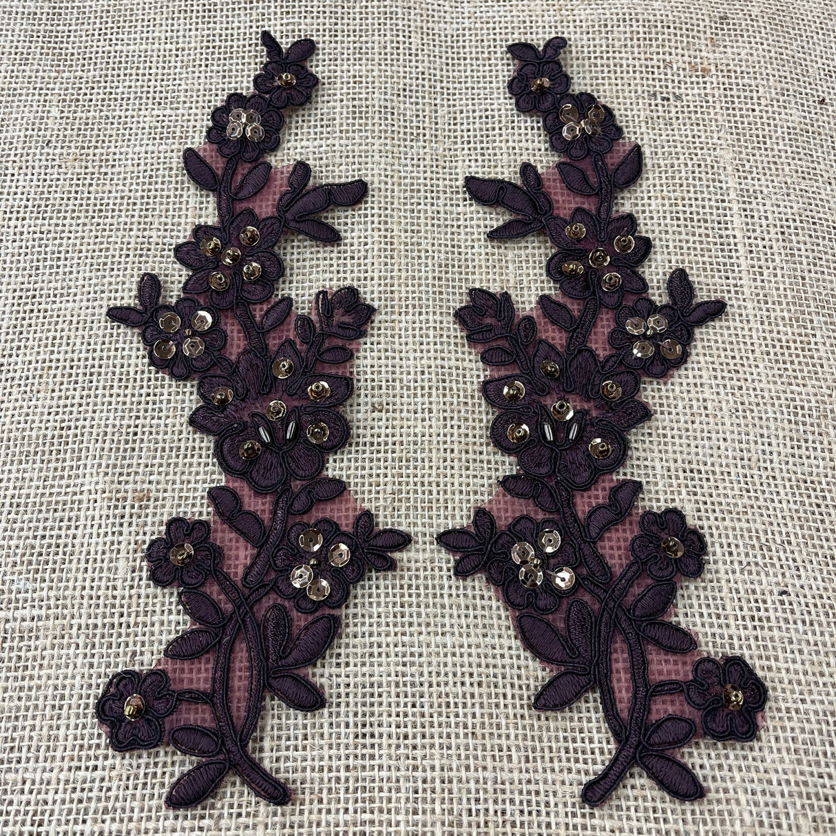 1 Pair Beaded & Corded Floral Lace Applique 10" x 2" Each Side