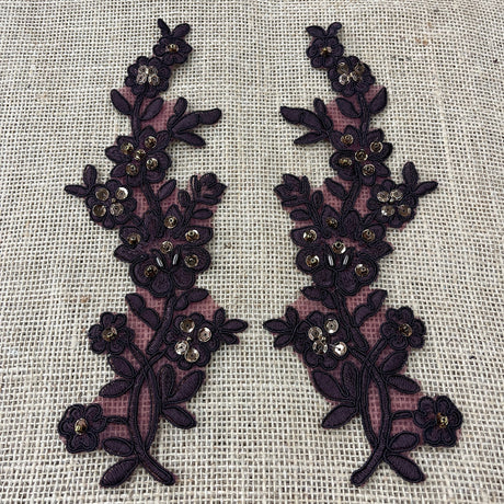 1 Pair Beaded & Corded Floral Lace Applique 10" x 2" Each Side