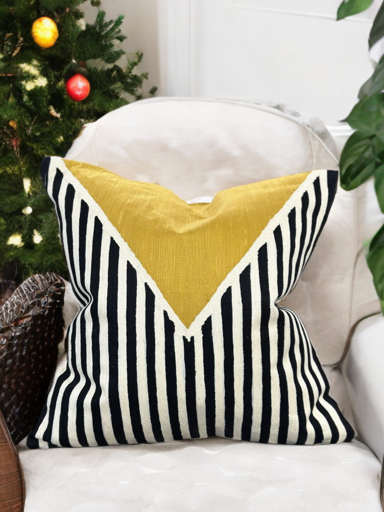 VIVA012 Polyester Fabric - White Base, Black & Ivory Geometric Embroidery, Mustard Graphic, 20" X 20" (1 Piece)