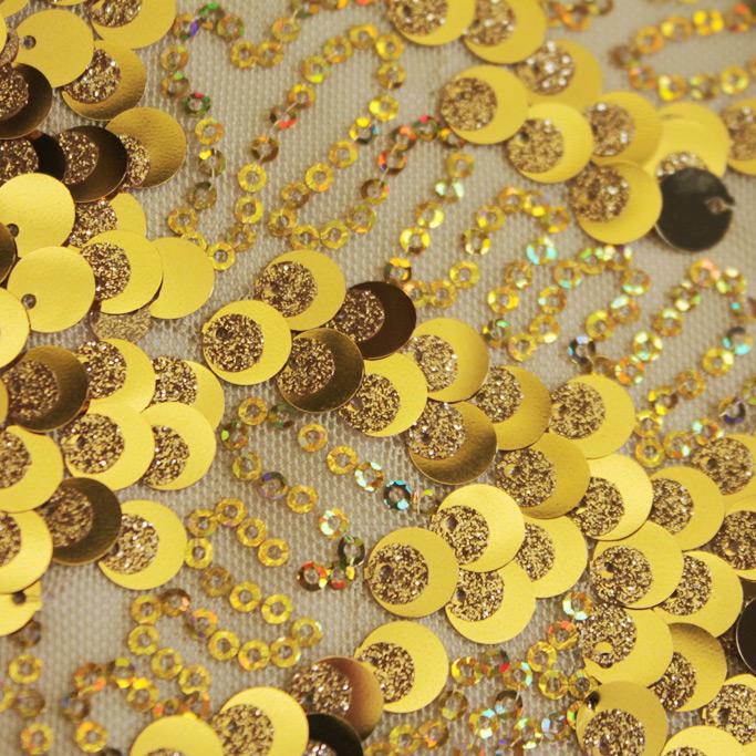 Fame Stretch Mesh Sequin Polyester Fabric - 2-Way Stretch, Embroidered Sequins, 50" Width, 287 GSM (1 Yard)