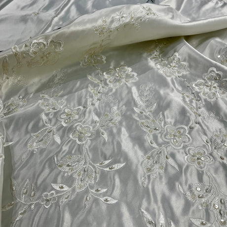 Yard - Beaded Bridal Lace Fabric Embroidered on 100% Polyester Satin - Ivory with Gold - 54"