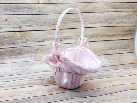 Pink Satin Flower Girl Basket with Pearl 10x12 Inch