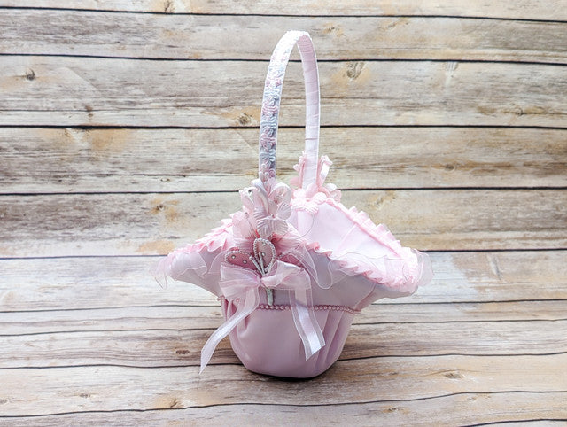 Pink Satin Flower Girl Basket with Pearl 10x12 Inch