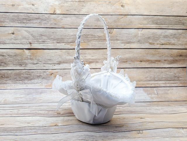 White Satin Flower Girl Basket with Pearl 10x12 Inch