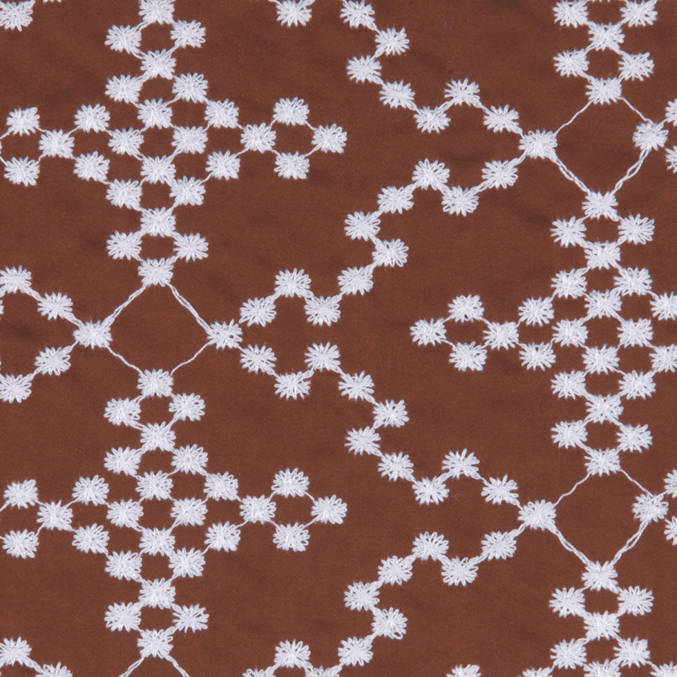 Brownie/White Floral Cotton Embroidered Poplin