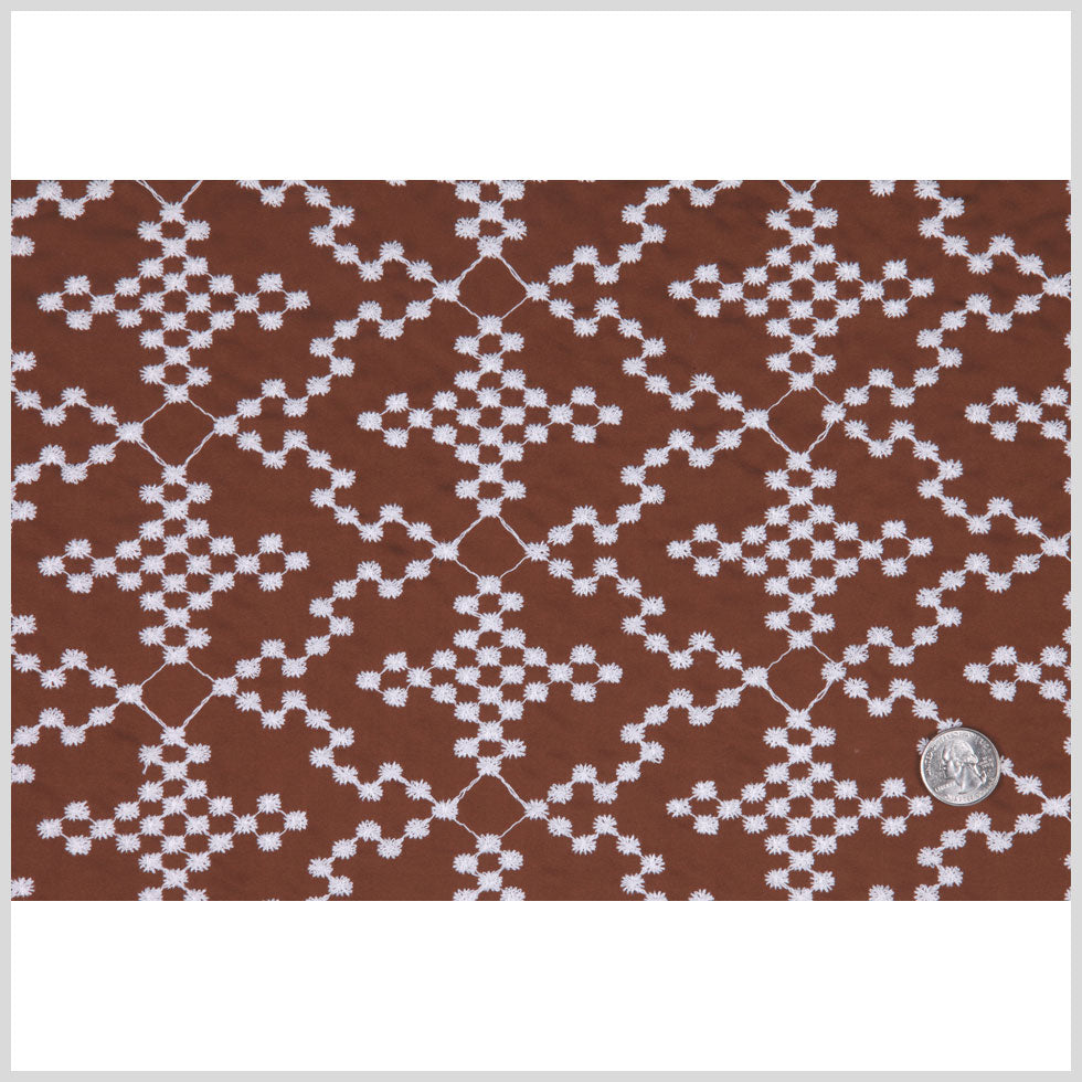 Brownie/White Floral Cotton Embroidered Poplin