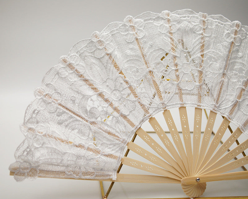 9x17 Inch White Floral Lace Wedding Fan Bamboo Handle 10 Pack