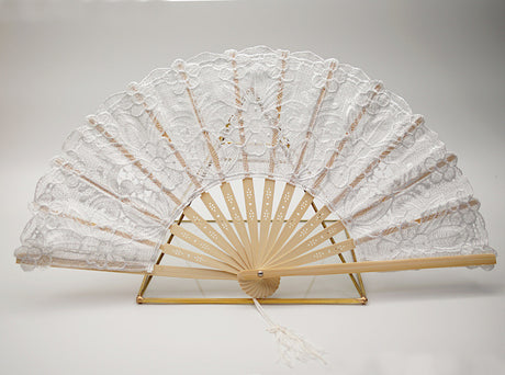 9x17 Inch White Floral Lace Wedding Fan Bamboo Handle 10 Pack