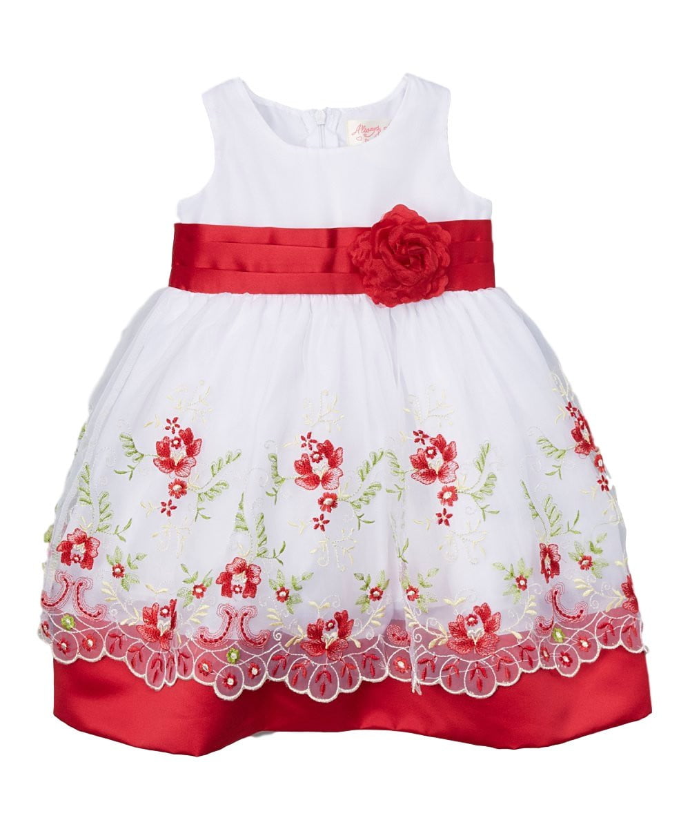 Embroidered Party Dress With Sash And Flower Girls Fancy Dresses - Embroidered Party Dress, Ivory, Aqua, Burgundy, Purple, Peach, Pink, 12Month To 10 (1 Piece)
