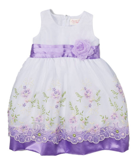 Embroidered Party Dress With Sash And Flower Girls Fancy Dress - Aqua, Burgundy, Purple, Peach, Pink, Ivory (1 Unit)