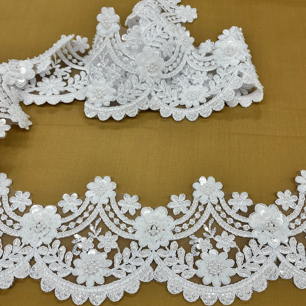 Beaded Corded Floral Lace Trim 4.5"
