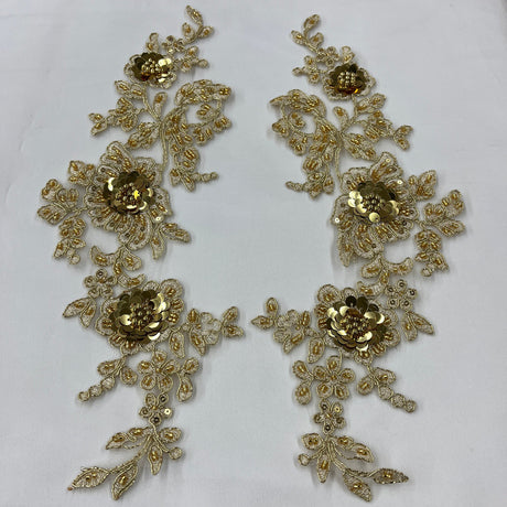 1 Yard Beaded & Corded Floral 3D Lace Applique Embroidered on 100% Polyester Net Mesh 11" x 3" Each Side