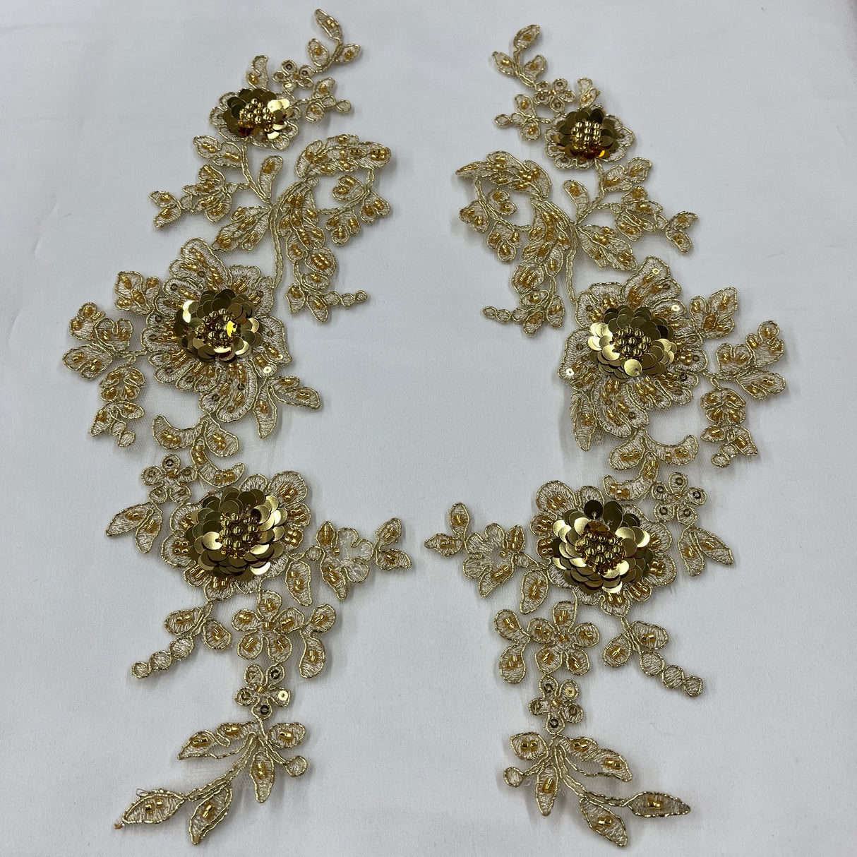 Beaded Corded Floral 3D Lace Applique Polyester Fabric - Gold, Silver, Ivory, White, 14" X 3" Wide Each Side (1 Pair)