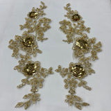 Beaded Corded Floral 3D Lace Applique Polyester Fabric - Gold, Silver, Ivory, White, 14" X 3" Wide Each Side (1 Pair)