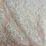 1 Yard Ivory Beaded & Corded Lace Fabric on Polyester Mesh, 51" Wide Embroidered Net Lace for Apparel & Decor