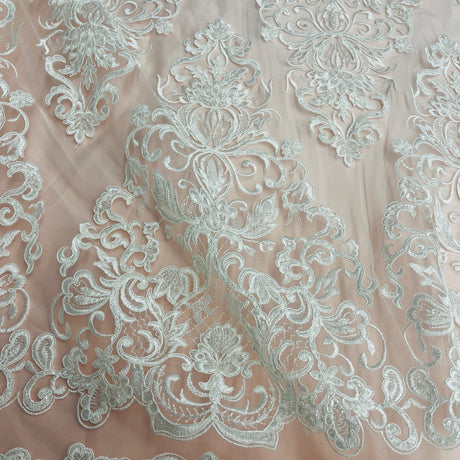 1 Yard Ivory Beaded & Corded Lace Fabric on Polyester Mesh, 51" Wide Embroidered Net Lace for Apparel & Decor
