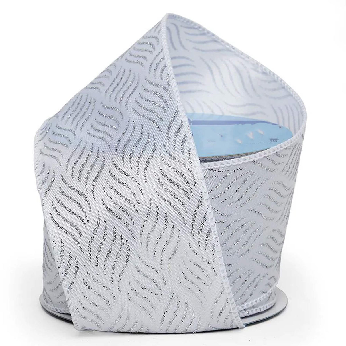 Glitter Wavy Line Pattern On Wired Satin Ribbon 2 1/2 '' X 10 yd Silver / White Color 1 / roll