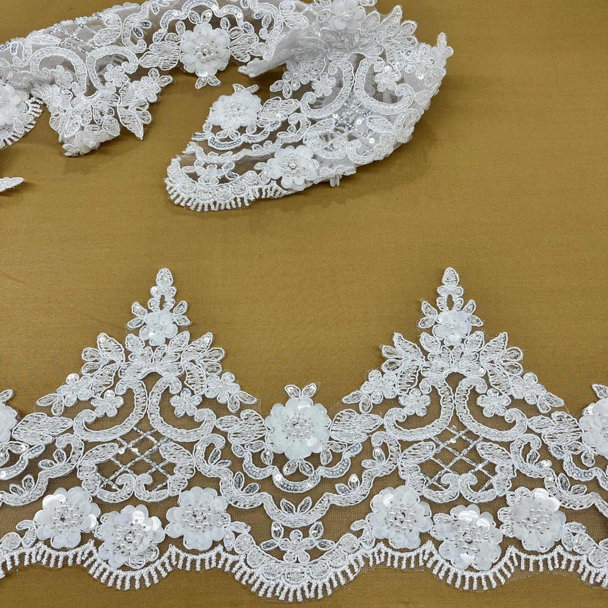 1 Yard Elegant Beaded Corded Floral Lace Trim on Sheer Polyester Mesh, Embroidered Fabric, Style 97224W-HB