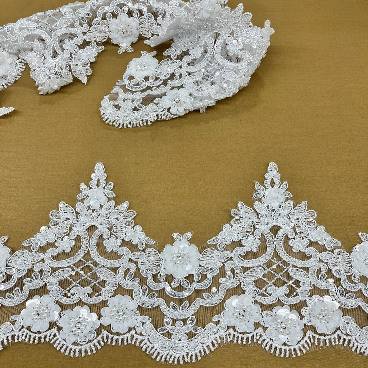 Beaded Corded Floral Lace Trimming Polyester Fabric - Embroidered Net Mesh, 7" Wide (1 Yard)