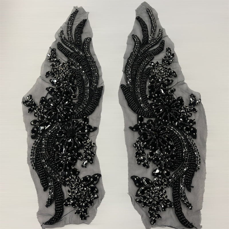 1 Pair 14" x 4" Each Side Crystal Rhinestone Beaded & Corded Lace 100% Polyester