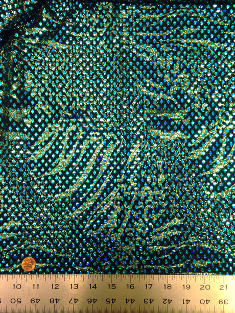 Shiny Diamond Faux Sequins Glitter Waves Polyester Spandex Fabric - Black/Teal, Green, Purple, Fuchsia, Red, Diamond Pattern, 58-60" Width