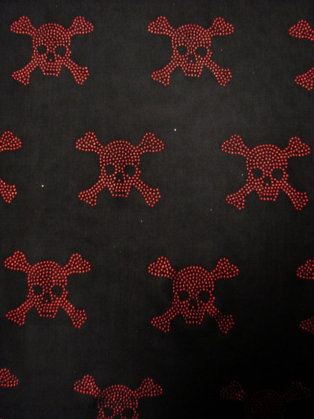 Mini Metallic Dew Drop Poison Design Studs On Black Stretch Polyester Spandex Fabric - Black/Red, Black/Gold, 54/56" Width