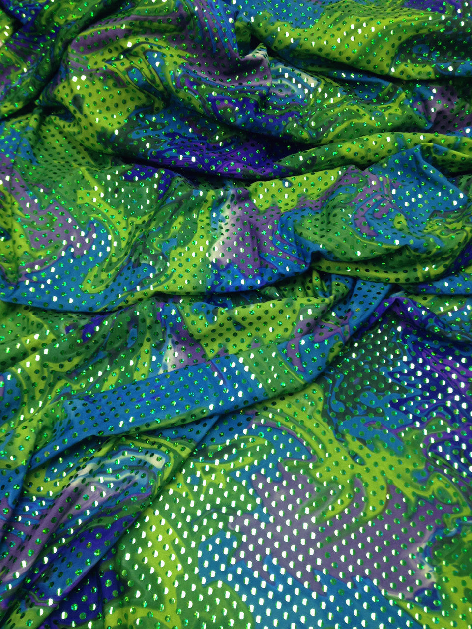 Multi-Color Oil-Slick Pattern Polyester Spandex Fabric - Shiny Holographic Faux Sequins, 58"-60" Width