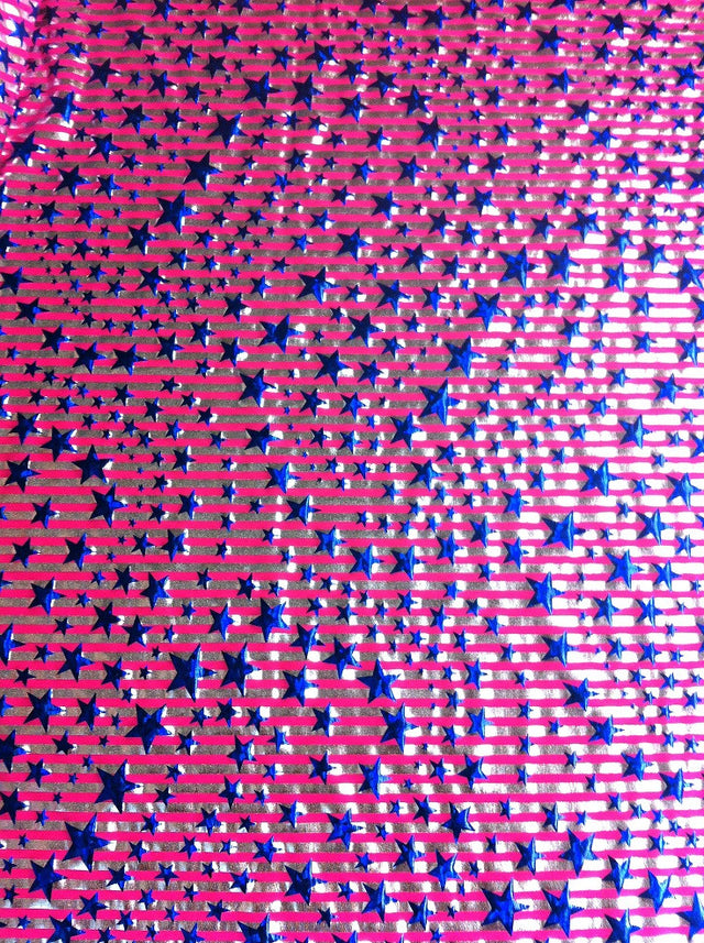 Stars And Stripes Hologram Foil Stretch Polyester Spandex Fabric - Fuchsia/Silver, Lime Green/Silver, Holographic Metallic Foil, 58"-60" Width