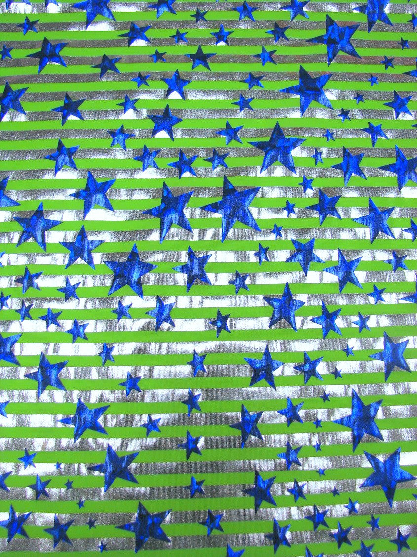 Stars And Stripes Hologram Foil Stretch Polyester Spandex Fabric - Fuchsia/Silver, Lime Green/Silver, Holographic Metallic Foil, 58"-60" Width