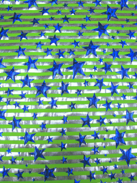 Stars And Stripes Hologram Foil Stretch Polyester Spandex Fabric - Fuchsia/Silver, Lime Green/Silver, Holographic Metallic Foil, 58"-60" Width