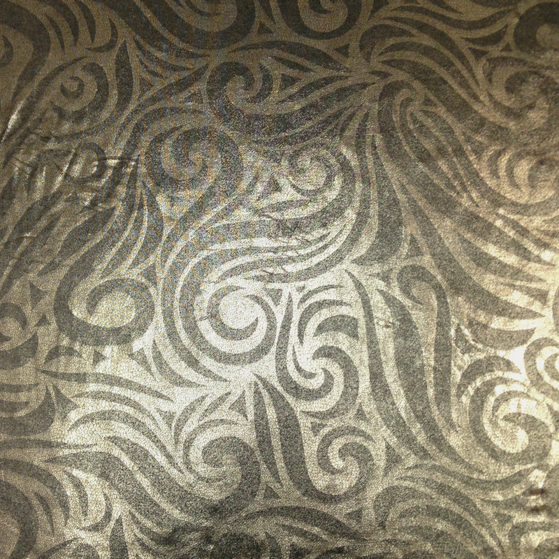 Gold Big Swirls Foil Pattern On Black Polyester Spandex Fabric - Gold Swirls, Black, Semi-Sheer, 58"-60" Width