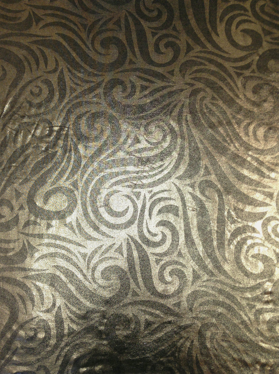 Gold Big Swirls Foil Pattern On Black Polyester Spandex Fabric - Gold Swirls, Black, Semi-Sheer, 58"-60" Width